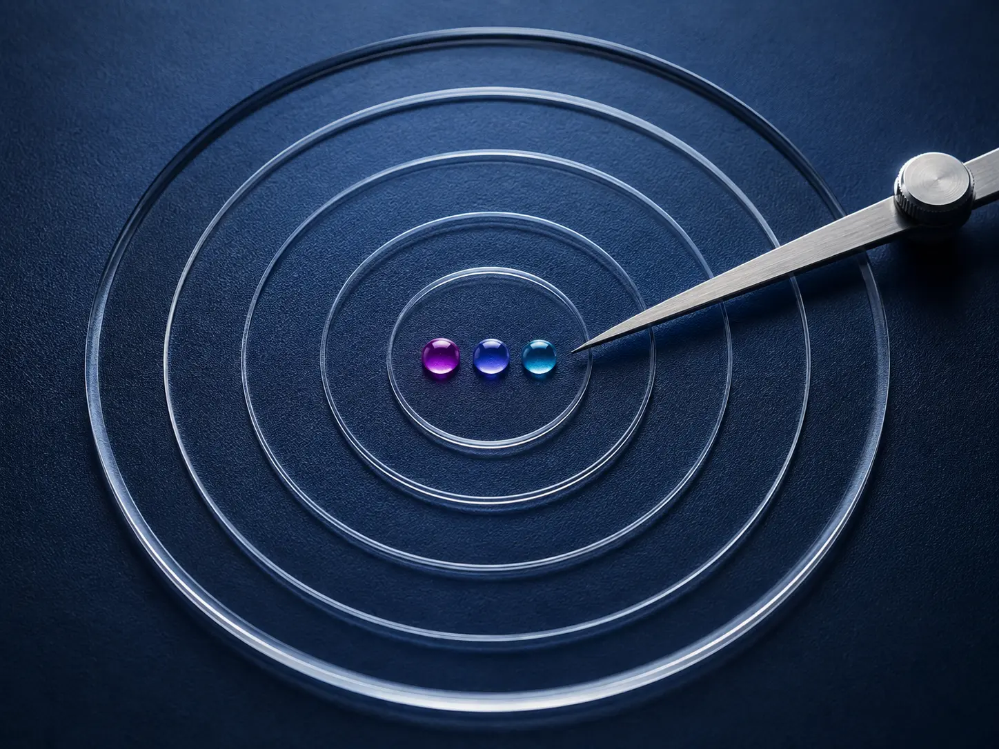 Three colored droplets aligned inside concentric glass calibration rings
