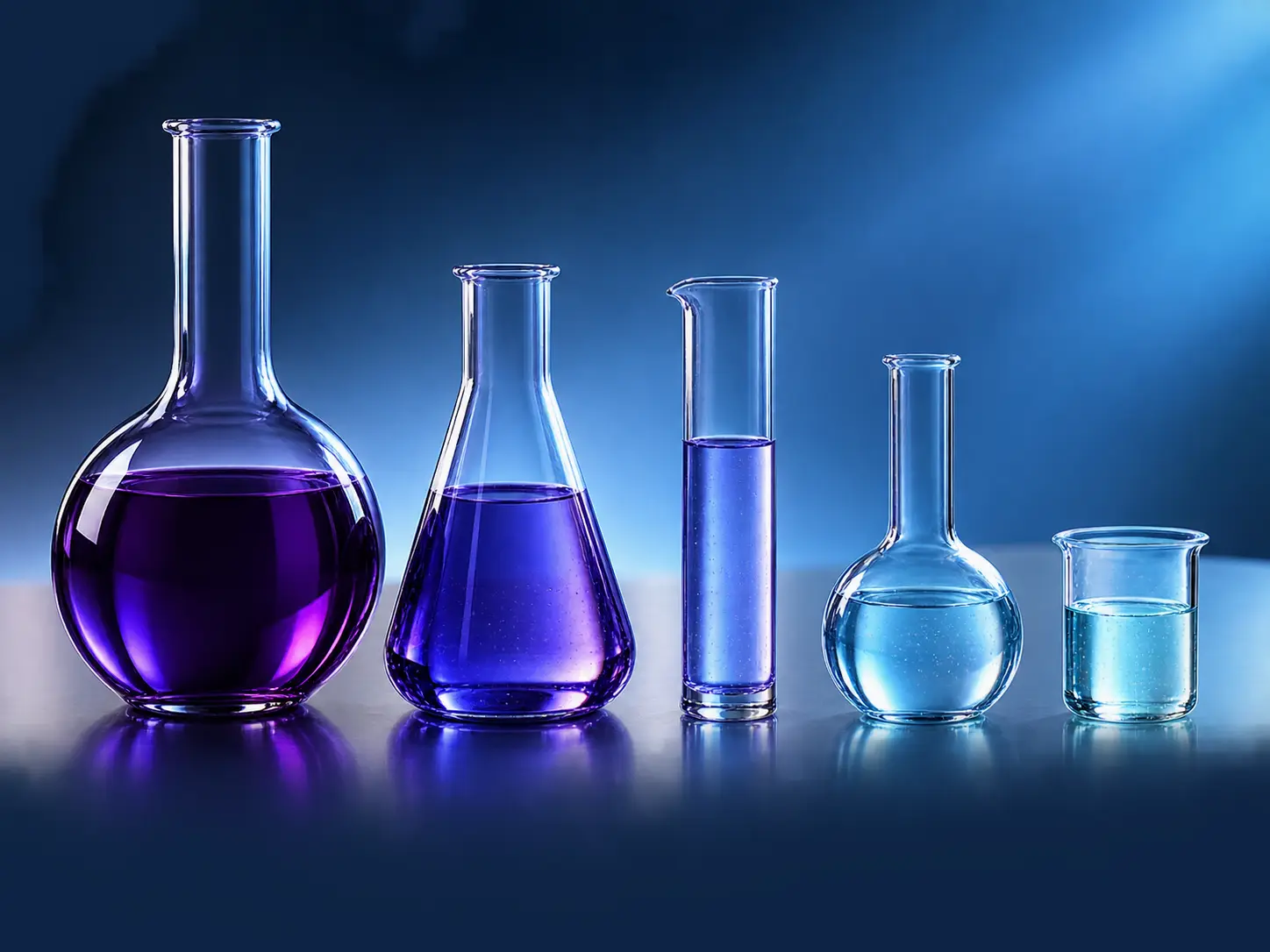 Five clear glass vessels progressing from violet concentration to pale cyan